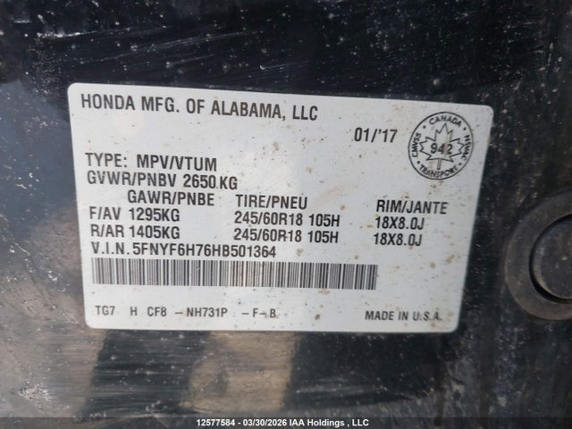 5FNYF6H76HB501364 Honda Pilot Ex-l Navi