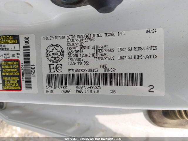 Aukcja sprzedaży 2024 Toyota Tundra Sr 4x4, vin: 5TFLA5DBXRX186153, numer aukcji: 12577666