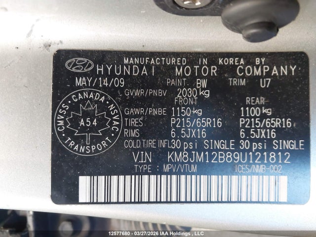 Aukcja sprzedaży 2009 Hyundai Tucson, vin: KM8JM12B89U121812, numer aukcji: 12577680