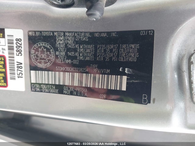 Продаж на аукціоні авто 2012 Toyota Sienna Le V6, vin: 5TDKK3DCXCS238254, номер лоту: 12577683
