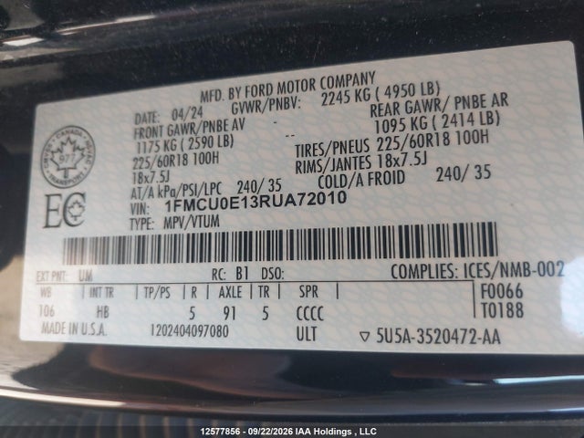 Продажа на аукционе авто 2024 Ford Escape, vin: 1FMCU0E13RUA72010, номер лота: 12577856