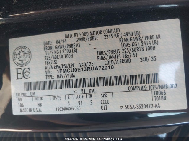 Продажа на аукционе авто 2024 Ford Escape, vin: 1FMCU0E13RUA72010, номер лота: 12577856