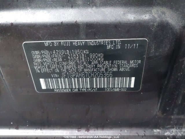 2012 Subaru Impreza Limited მანქანა იყიდება აუქციონზე, vin: JF1GPAH67CH205366, აუქციონის ნომერი: 12577865