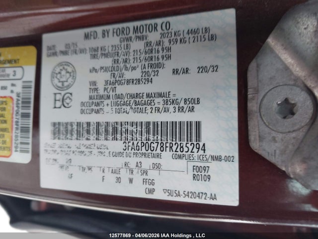 Aukcja sprzedaży 2015 Ford Fusion S, vin: 3FA6P0G78FR285294, numer aukcji: 12577869