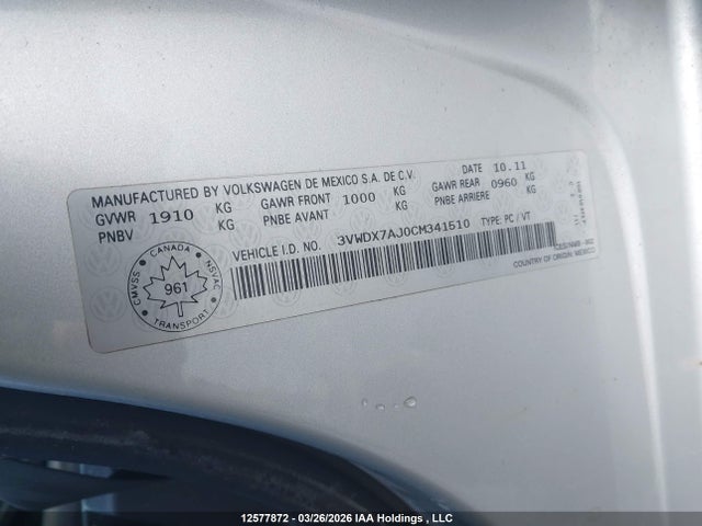 12577872 :رقم المزاد ، 3VWDX7AJ0CM341510 vin ، 2012 Volkswagen Jetta 2.5l Comfortline/2.5l Sportline مزاد بيع