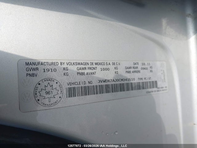 12577872 :رقم المزاد ، 3VWDX7AJ0CM341510 vin ، 2012 Volkswagen Jetta 2.5l Comfortline/2.5l Sportline مزاد بيع