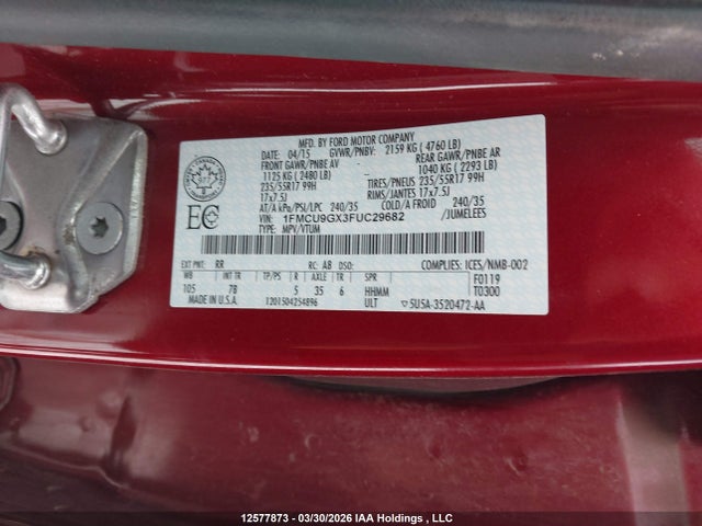 Продажа на аукционе авто 2015 Ford Escape Se, vin: 1FMCU9GX3FUC29682, номер лота: 12577873