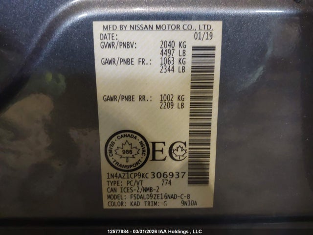 Продажа на аукционе авто 2019 Nissan Leaf, vin: 1N4AZ1CP9KC306937, номер лота: 12577884