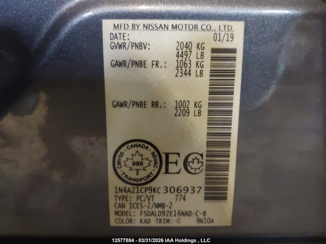 Продажа на аукционе авто 2019 Nissan Leaf, vin: 1N4AZ1CP9KC306937, номер лота: 12577884
