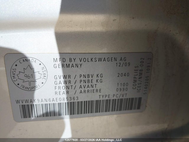 Продажа на аукционе авто 2010 Volkswagen Passat 2.0t, vin: WVWAK9AN6AE085363, номер лота: 12577920