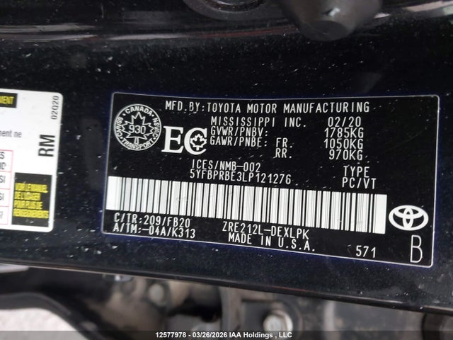12577978 :رقم المزاد ، 5YFBPRBE3LP121276 vin ، 2020 Toyota Corolla Le مزاد بيع