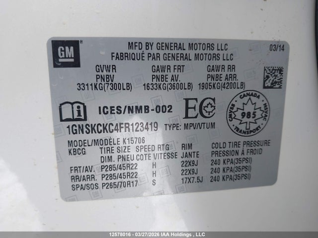 1GNSKCKC4FR123419 Chevrolet Tahoe K1500 Ltz