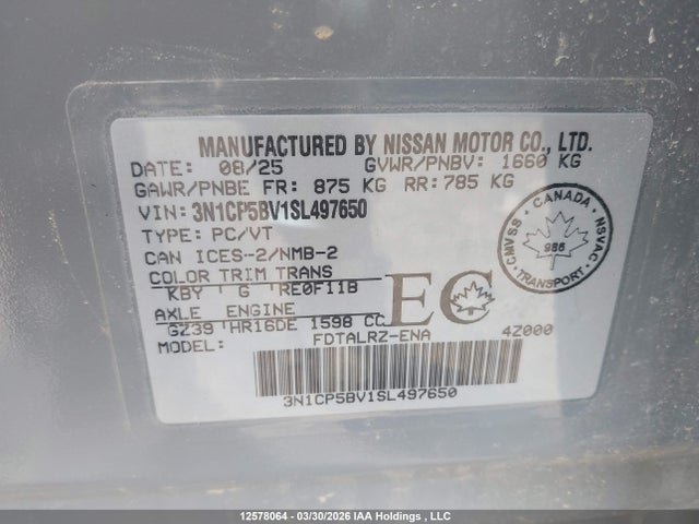 12578064 :رقم المزاد ، 3N1CP5BV1SL497650 vin ، 2025 Nissan Kicks Play S مزاد بيع