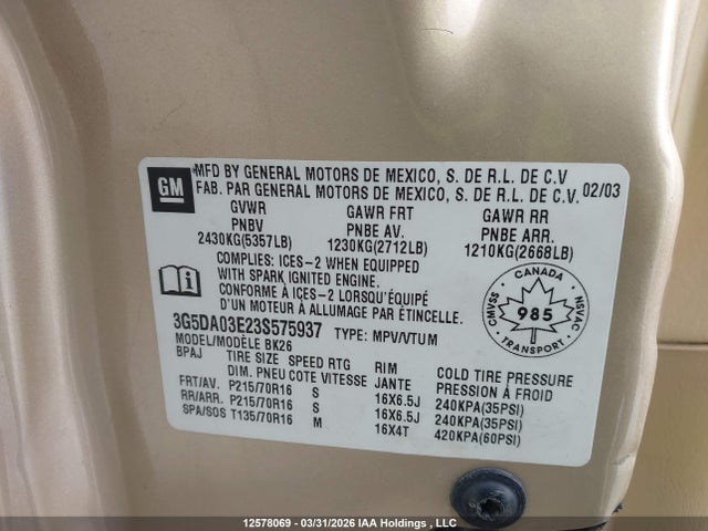 Aukcja sprzedaży 2003 Buick Rendezvous Cx/cx Plus/cxl/cxl Plus, vin: 3G5DA03E23S575937, numer aukcji: 12578069
