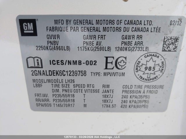 12578133 :رقم المزاد ، 2GNALDEK6C1239758 vin ، 2012 Chevrolet Equinox مزاد بيع