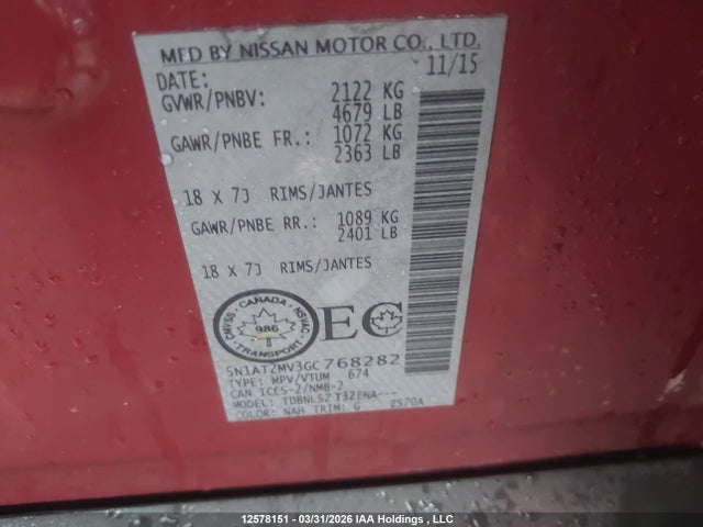 5N1AT2MV3GC768282 Nissan Rogue S/sl/sv