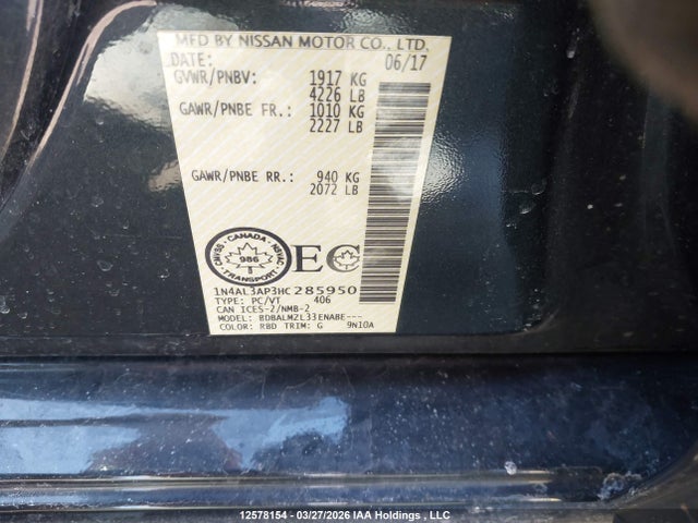 1N4AL3AP3HC285950 Nissan Altima 2.5/2.5 S/2.5 Sl/2.5 Sr/2.5 Sv