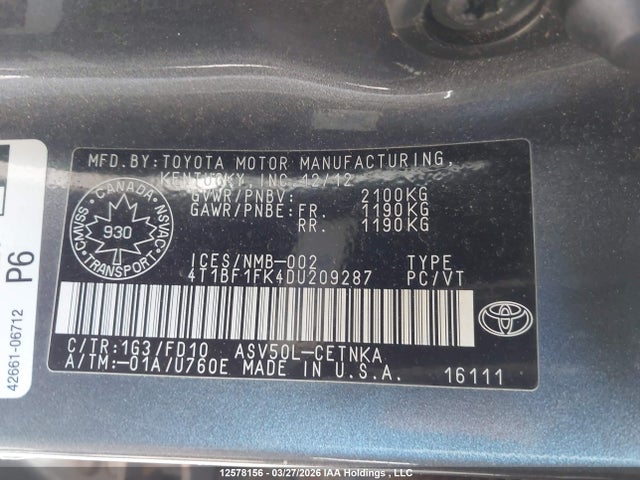 2013 Toyota Camry L/se/le/xle მანქანა იყიდება აუქციონზე, vin: 4T1BF1FK4DU209287, აუქციონის ნომერი: 12578156