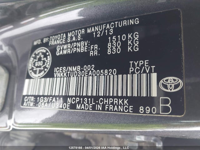 2014 Toyota Yaris Le მანქანა იყიდება აუქციონზე, vin: VNKKTUD30EA005820, აუქციონის ნომერი: 12578166