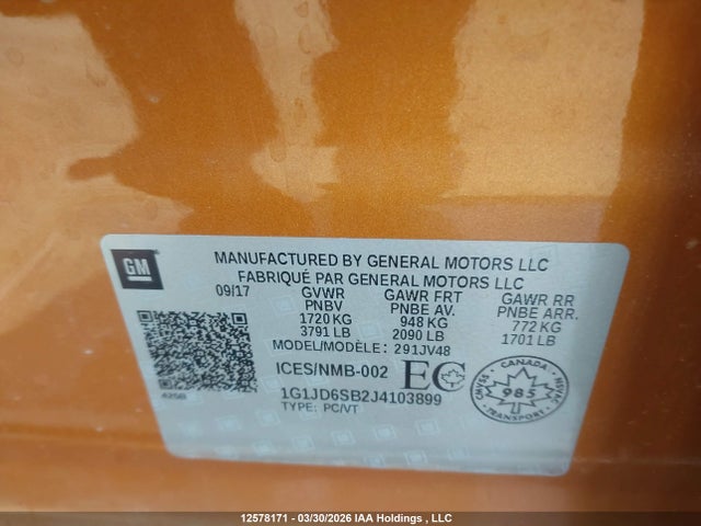 1G1JD6SB2J4103899 Chevrolet Sonic Lt Auto
