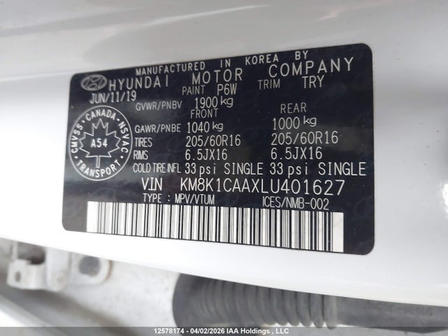 Продаж на аукціоні авто 2020 Hyundai Kona, vin: KM8K1CAAXLU401627, номер лоту: 12578174