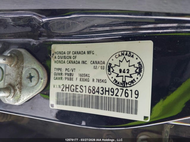 Aukcja sprzedaży 2003 Honda Civic Lx, vin: 2HGES16843H927619, numer aukcji: 12578177