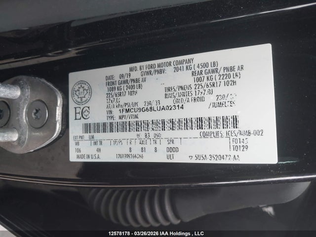 Продажа на аукционе авто 2020 Ford Escape Se, vin: 1FMCU9G68LUA02314, номер лота: 12578178