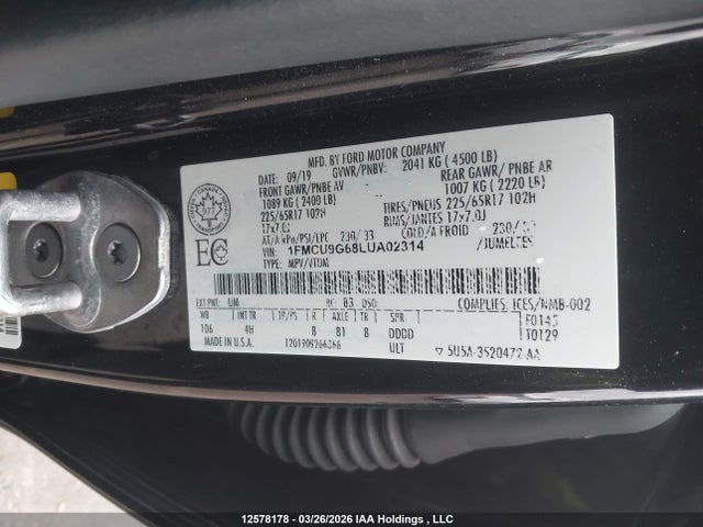 Продажа на аукционе авто 2020 Ford Escape Se, vin: 1FMCU9G68LUA02314, номер лота: 12578178