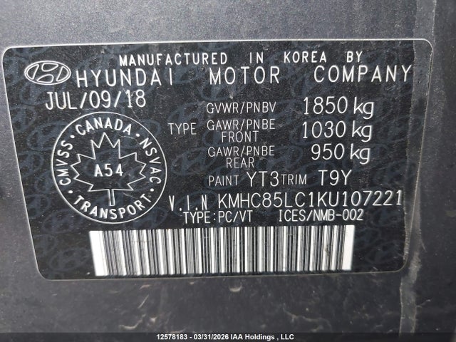KMHC85LC1KU107221 Hyundai Ioniq Limited