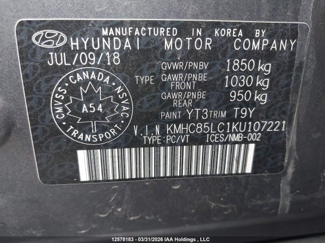KMHC85LC1KU107221 Hyundai Ioniq Limited
