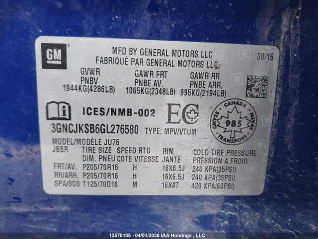 Продаж на аукціоні авто 2016 Chevrolet Trax Ls, vin: 3GNCJKSB6GL276580, номер лоту: 12578185