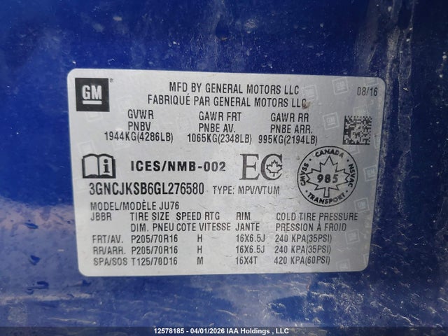 Продаж на аукціоні авто 2016 Chevrolet Trax Ls, vin: 3GNCJKSB6GL276580, номер лоту: 12578185