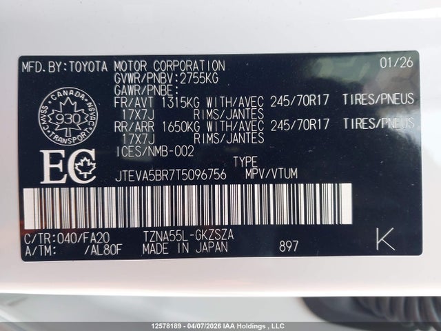 12578189 :رقم المزاد ، JTEVA5BR7T5096756 vin ، 2026 Toyota 4runner مزاد بيع