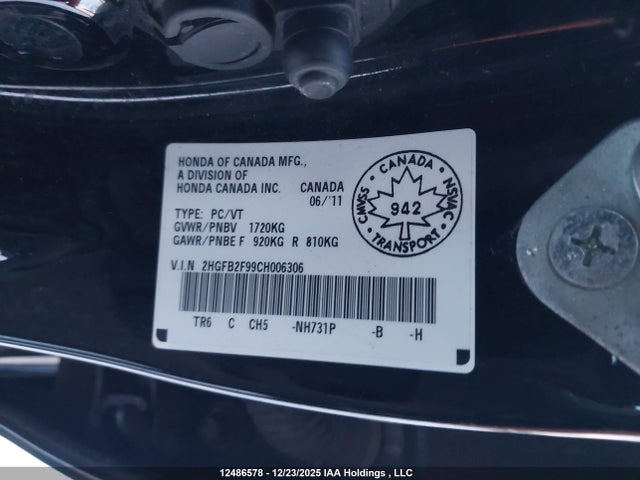 Продажа на аукционе авто 2012 Honda Civic Ex-l, vin: 2HGFB2F99CH006306, номер лота: 12486578