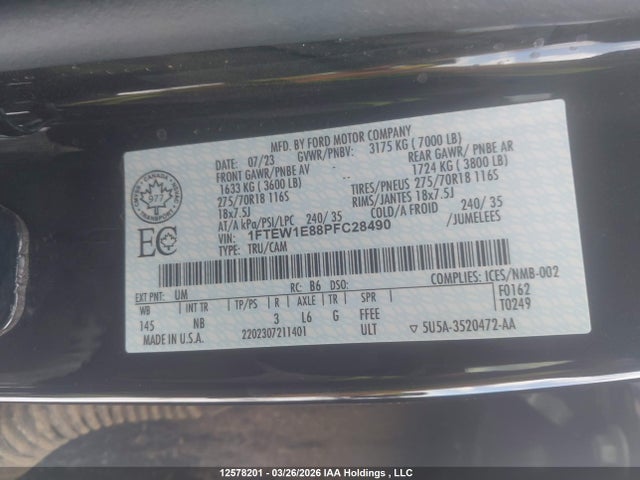 Продаж на аукціоні авто 2023 Ford F-150 Tremor, vin: 1FTEW1E88PFC28490, номер лоту: 12578201