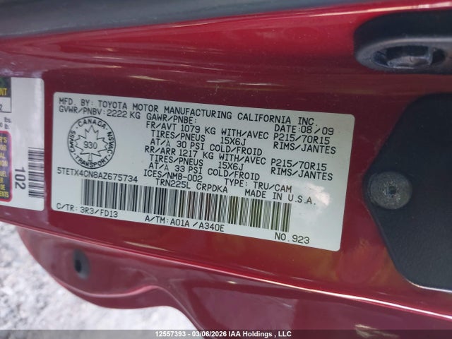 12557393 :رقم المزاد ، 5TETX4CN8AZ675734 vin ، 2010 Toyota Tacoma مزاد بيع