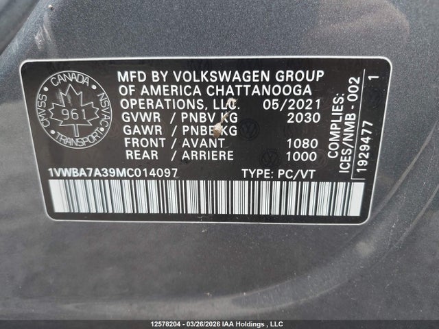 Aukcja sprzedaży 2021 Volkswagen Passat Highline, vin: 1VWBA7A39MC014097, numer aukcji: 12578204