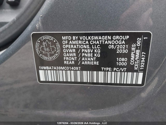 Aukcja sprzedaży 2021 Volkswagen Passat Highline, vin: 1VWBA7A39MC014097, numer aukcji: 12578204