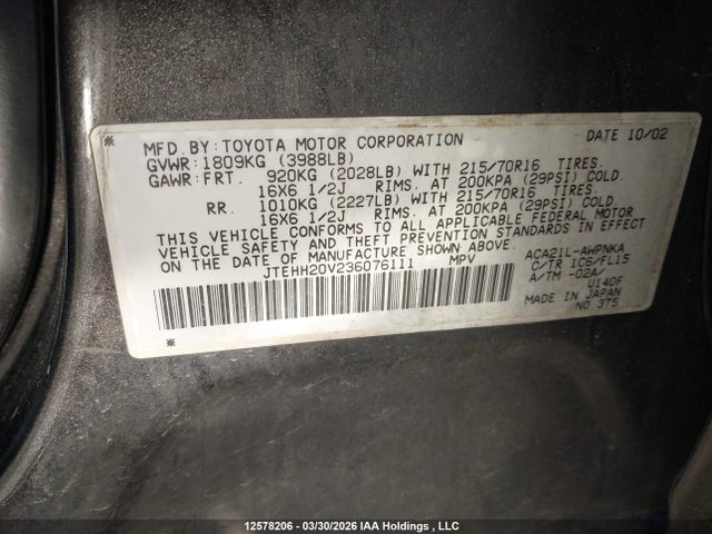 12578206 :رقم المزاد ، JTEHH20V236076111 vin ، 2003 Toyota Rav4 مزاد بيع