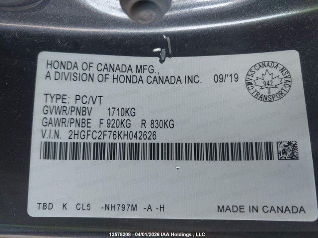 Auction sale of the 2019 Honda Civic Ex, vin: 2HGFC2F76KH042626, lot number: 12578208