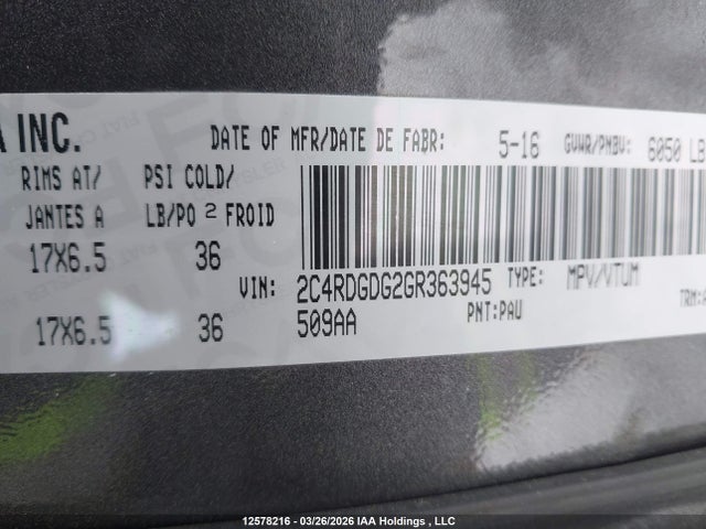 Aukcja sprzedaży 2016 Dodge Grand Caravan Crew, vin: 2C4RDGDG2GR363945, numer aukcji: 12578216