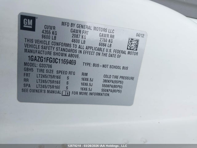 2012 Chevrolet Express G3500 Lt მანქანა იყიდება აუქციონზე, vin: 1GAZG1FG0C1169469, აუქციონის ნომერი: 12578218