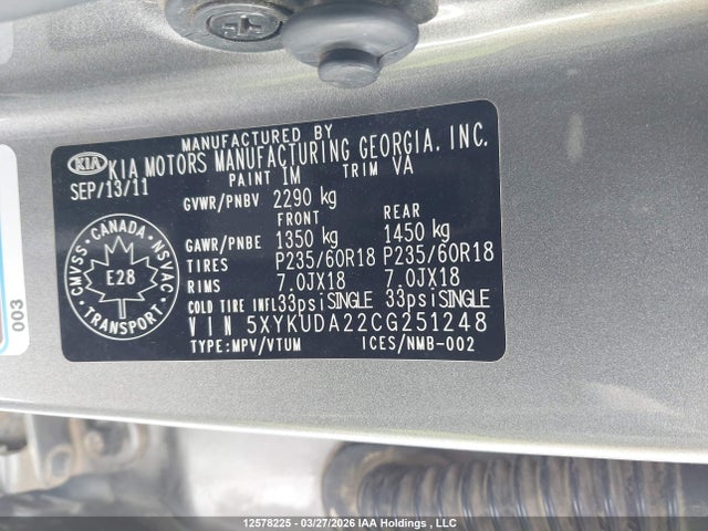 12578225 :رقم المزاد ، 5XYKUDA22CG251248 vin ، 2012 Kia Sorento Ex مزاد بيع