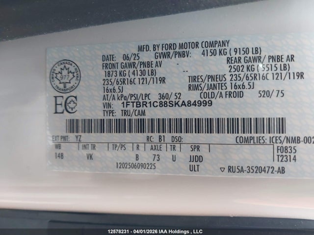 2025 Ford Transit T-250 მანქანა იყიდება აუქციონზე, vin: 1FTBR1C88SKA84999, აუქციონის ნომერი: 12578231