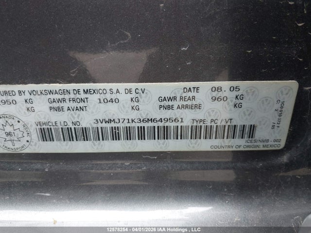 Продажа на аукционе авто 2006 Volkswagen Jetta 2.0t Option Package 2, vin: 3VWMJ71K36M649561, номер лота: 12578254