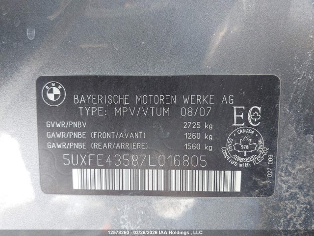 Aukcja sprzedaży 2007 Bmw X5 3.0si, vin: 5UXFE43587L016805, numer aukcji: 12578260