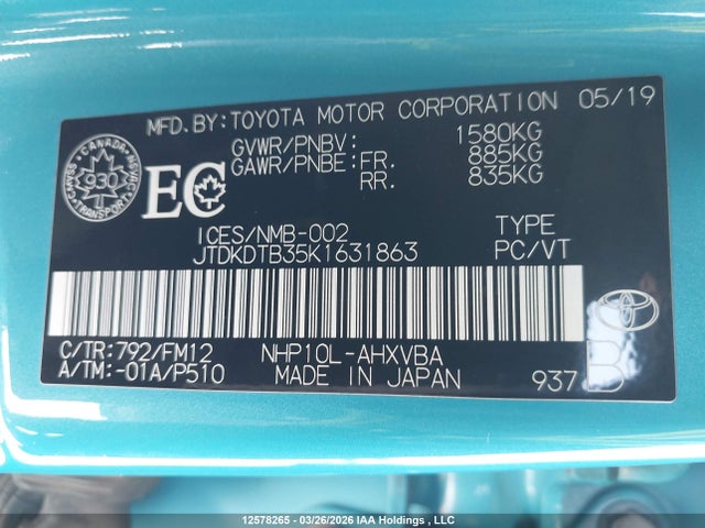 JTDKDTB35K1631863 Toyota PRIUS C