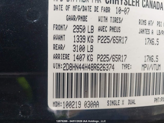 12578269 :رقم المزاد ، 2D8HN44H48R626374 vin ، 2008 Dodge Grand Caravan Se مزاد بيع