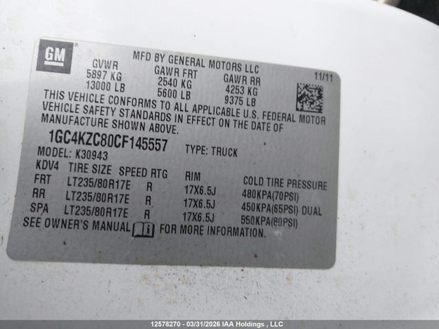 2012 Chevrolet 3500 Silverado მანქანა იყიდება აუქციონზე, vin: 1GC4KZC80CF145557, აუქციონის ნომერი: 12578270