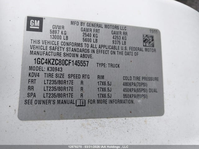 2012 Chevrolet 3500 Silverado მანქანა იყიდება აუქციონზე, vin: 1GC4KZC80CF145557, აუქციონის ნომერი: 12578270